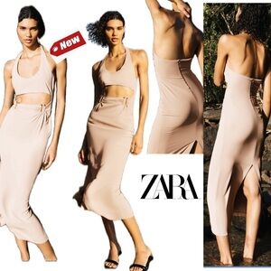 Zara beige knit halter cutout midi dress Sz XL NWT